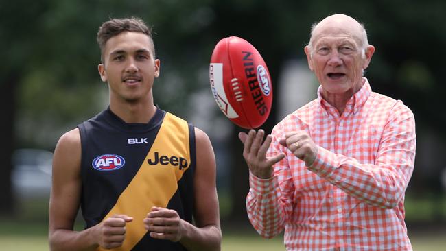 Kevin Bartlett &amp; new Richmond recruit Shai Bolton . Bolton is going tobwear his no 29 jumper in the AFL Picture:Wayne Ludbey