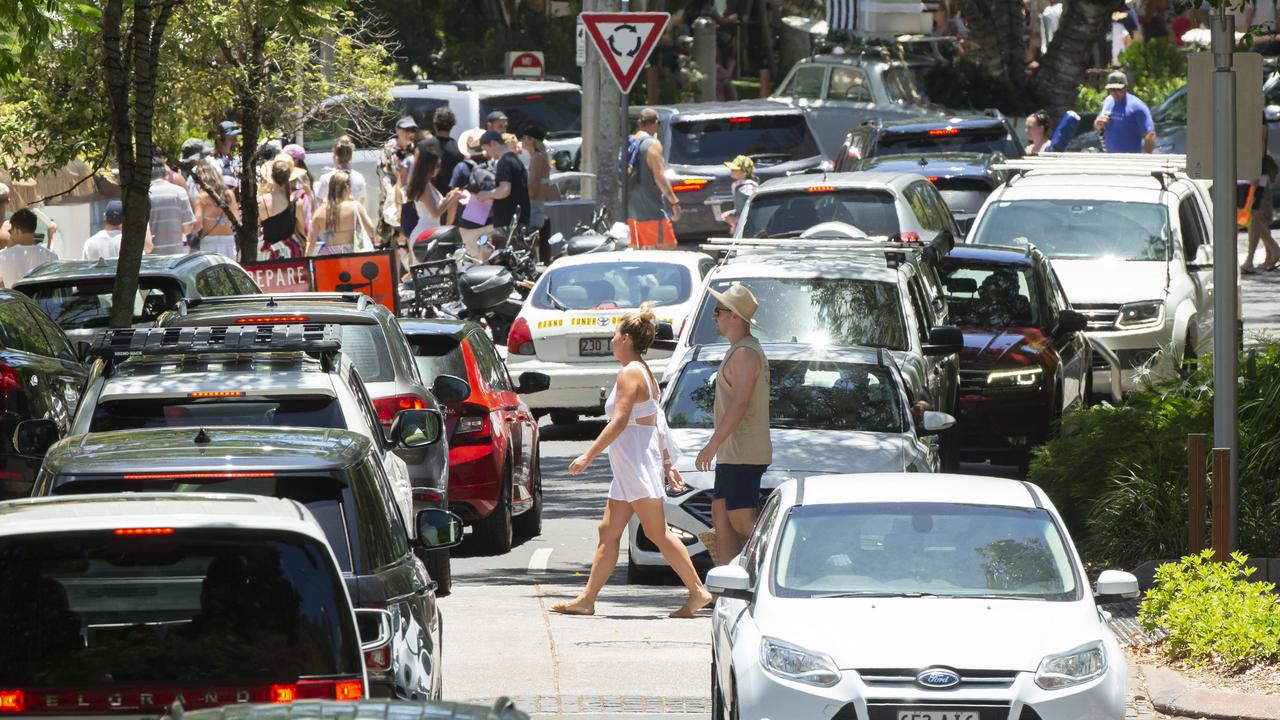 Holiday traffic jam on Hastings Street in Noosa as crowds pack into the popular tourist town. Picture: Lachie Millard