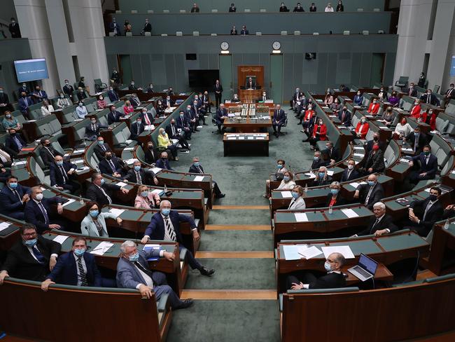 CANBERRA, AUSTRALIANewsWire Photos MARCH 31, 2022: Prime Minister Scott Morrison with Anthony Albanese and the entire Reps chamber posed for a formal photograph before Question Time in the House of Representatives in Parliament House Canberra.Picture: NCA NewsWire / Gary Ramage