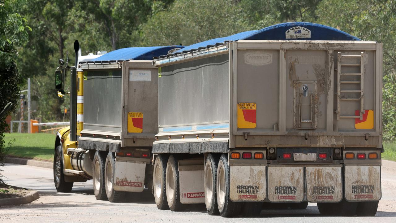 Trucks near the NuGrow site at Swanbank. Picture: Liam Kidston