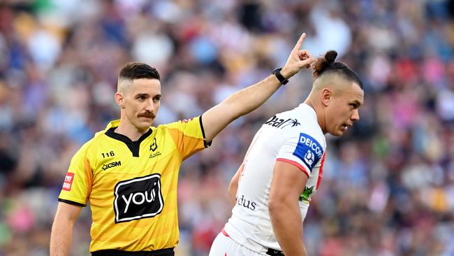 BRISBANE, AUSTRALIA - MAY 16: Tyrell Fuimaono of the Dragons is sent off for an alleged illegal shot on Ryan Papenhuyzen of the Storm during the round 10 NRL match between the Melbourne Storm and the St George Illawarra Dragons at Suncorp Stadium, on May 16, 2021, in Brisbane, Australia. (Photo by Bradley Kanaris/Getty Images)