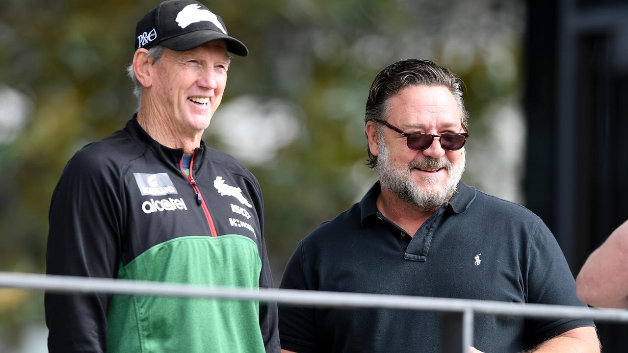 Actor Russell Crowe and coach Wayne Bennett seen during a South Sydney Rabbitohs training session