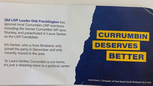 A pamphlet using the image of former LNP MP Jann Stuckey.