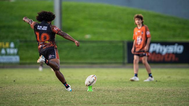 Caleb Niki shoots at the 2024 Deadly Cup Carnival between the Indigenous All Stars and Territory All Stars. Picture: Pema Tamang Pakhrin