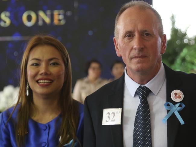 British cave expert Vernon Unsworth, right, and his wife Woranan Ratrawiphukkun. Picture: AP