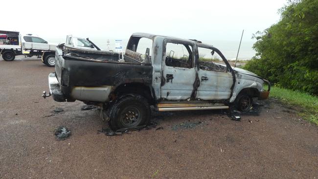 Toyota HiLux was destroyed after in a fire at Mandorah Jetty. Picture: Facebook