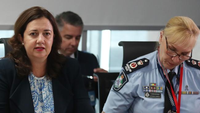 Premier Annastacia Palaszczuk at a meeting of the Queensland Disaster Management Committee yesterday. Picture: Annette Dew