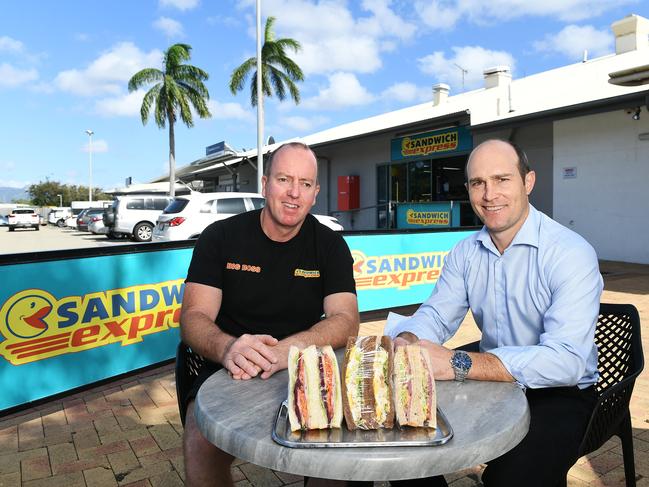 Sandwich Express franchise owner David Maley with Colliers executive Shaun McLaren in a prime Cannon Park location. Picture: Shae Beplate.