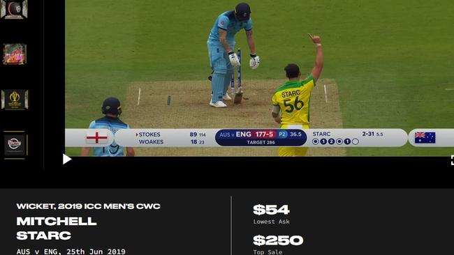 An ICC cricket NFT on fancraze.com of a Mitchell Starc wickeet.