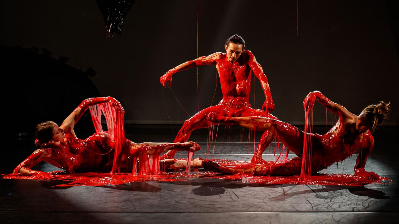 Dancers Ally Clarke, James Vu Anh Pham and Darci O’Rourke in Supernature by Australian Dance Theatre, part of the 2021 Adelaide Festival. Picture: Matt Turner.