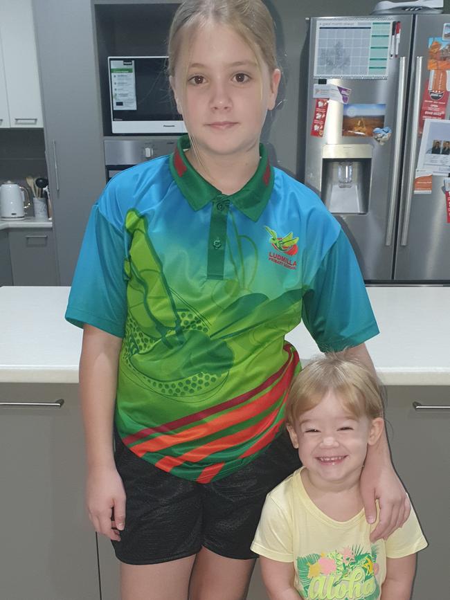 Maisie Hills and her little sister, Harper, both ready for their first days at new school kindy. Picture: Dawn Hills