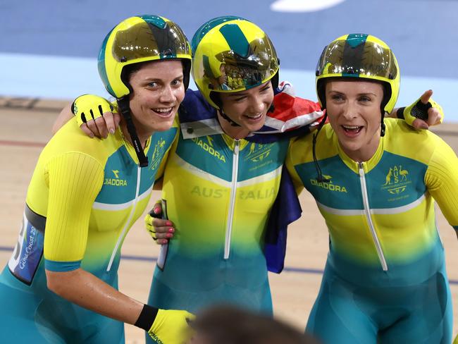 Amy Cure of Australia celebrates with teammates Annette Edmondson and Ashlee Ankudinoff. Picture: Robert Cianflone/Getty Images