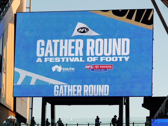 ADELAIDE, AUSTRALIA - APRIL 04: Gather Round signage is seen during the 2024 AFL Round 04 match between the Adelaide Crows and the Melbourne Demons at Adelaide Oval on April 04, 2024 in Adelaide, Australia. (Photo by Dylan Burns/AFL Photos via Getty Images)