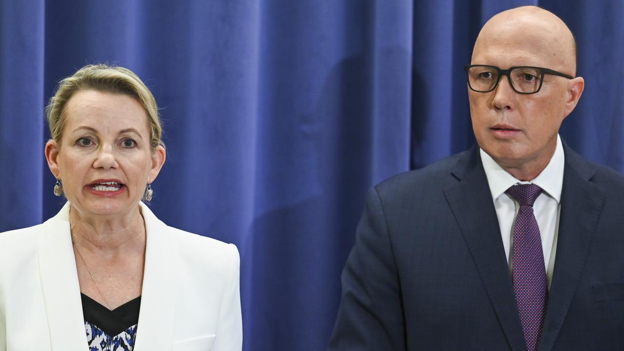 Opposition Leader Peter Dutton (right) and Deputy Leader Sussan Ley announce that federal Liberal MPs will campaign for a ‘no’ vote. Picture: NCA NewsWire / Martin Ollman