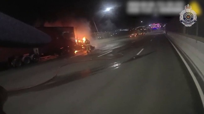 RAW: Semi-trailer loaded with toilet paper burns on Brisbane bridge