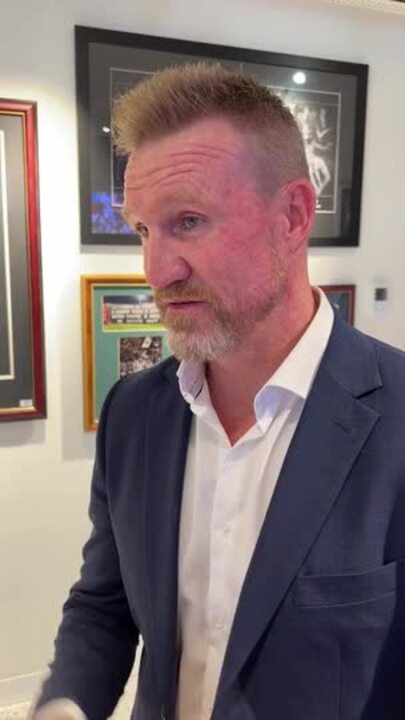 Nathan Buckley speaks at the launch of his Magpie Legend exhibition at the Collingwood Museum