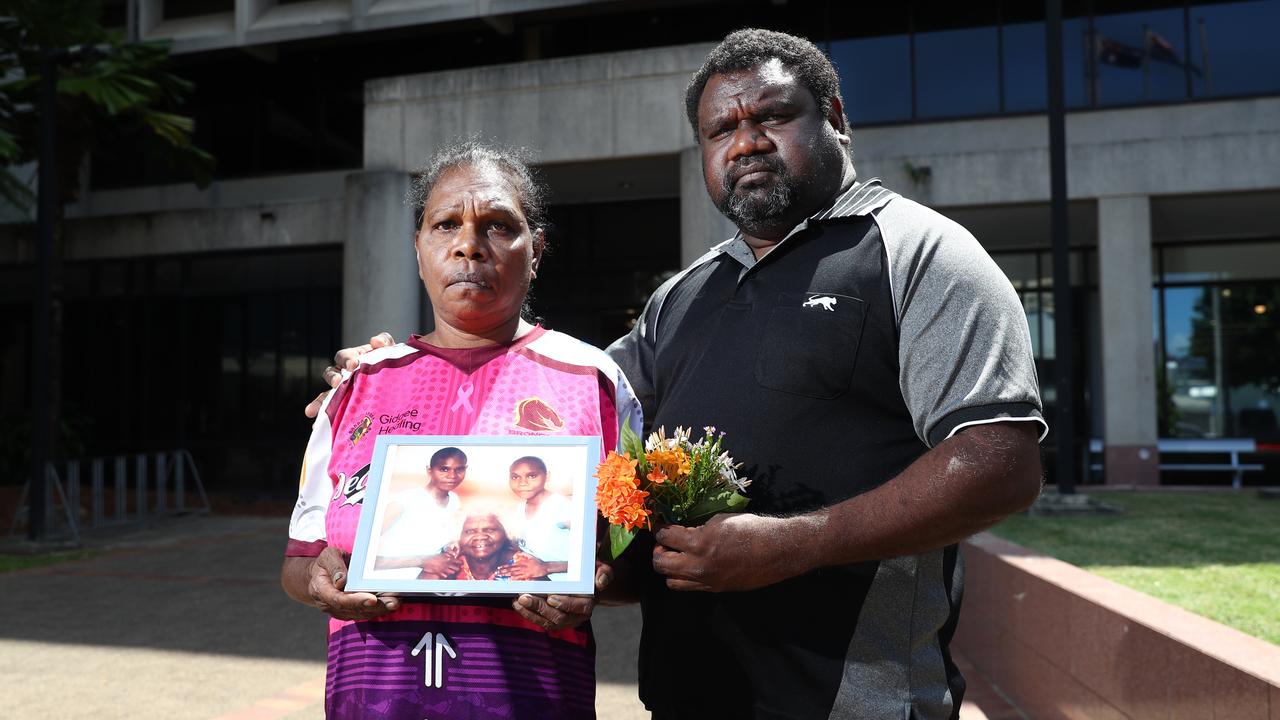 Alison Bernard's mother and uncle Edwina Bernard and Teddy Bernard, pictured with a photo of Alison (left) with her grandmother and sister. The pair were in the Cairns Coroner's Court on the first day of the coronial inquest into Alison Bernard's disappearance. Picture: Brendan Radke