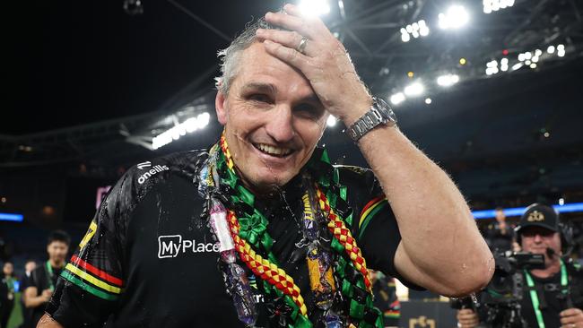 SYDNEY, AUSTRALIA - OCTOBER 06:  Ivan Cleary, coach of the Panthers reacts after having water thrown over him in celebration after winning the 2024 NRL Grand Final match between the Melbourne Storm and the Penrith Panthers at Accor Stadium on October 06, 2024, in Sydney, Australia. (Photo by Cameron Spencer/Getty Images)