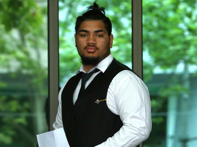 Rugby player Kilisimasi Aholelei outside the Melbourne Magistrates’ Court. Picture: Ian Currie