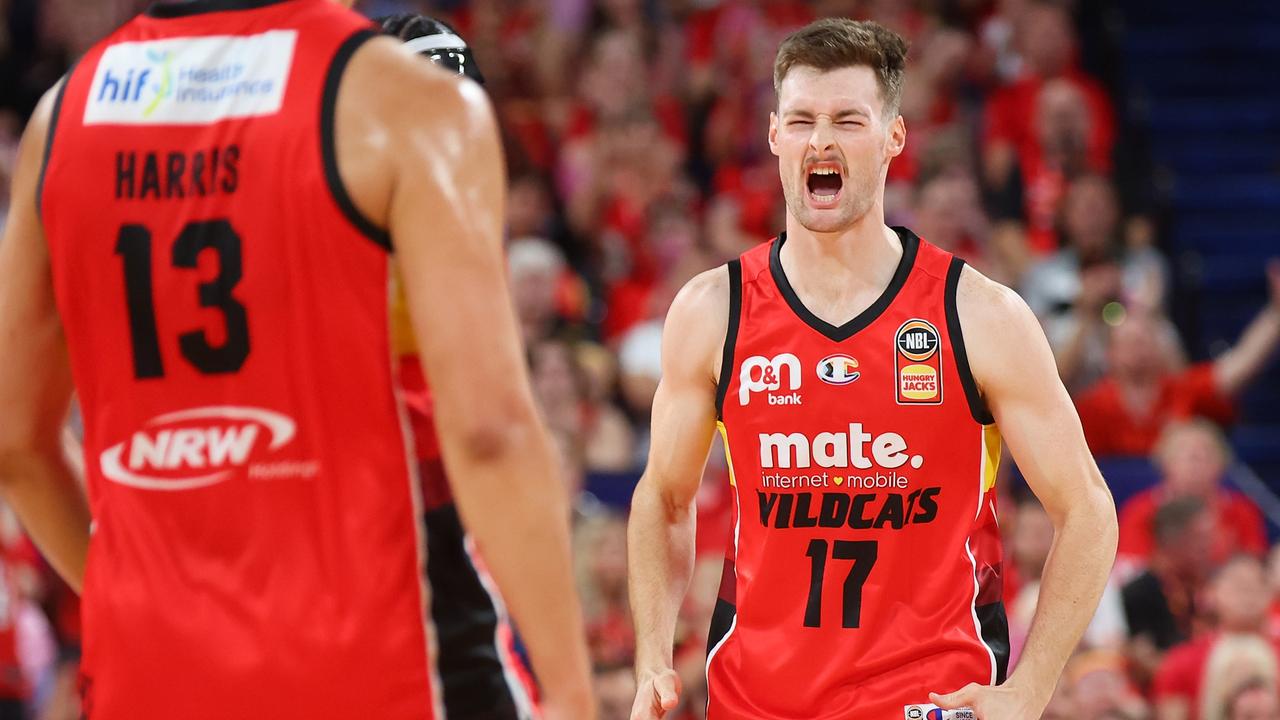 Michael Harris of the Wildcats reacts after a three pointer during his side’s win over the Brisbane Bullets at RAC Arena. Picture: James Worsfold/Getty Images.