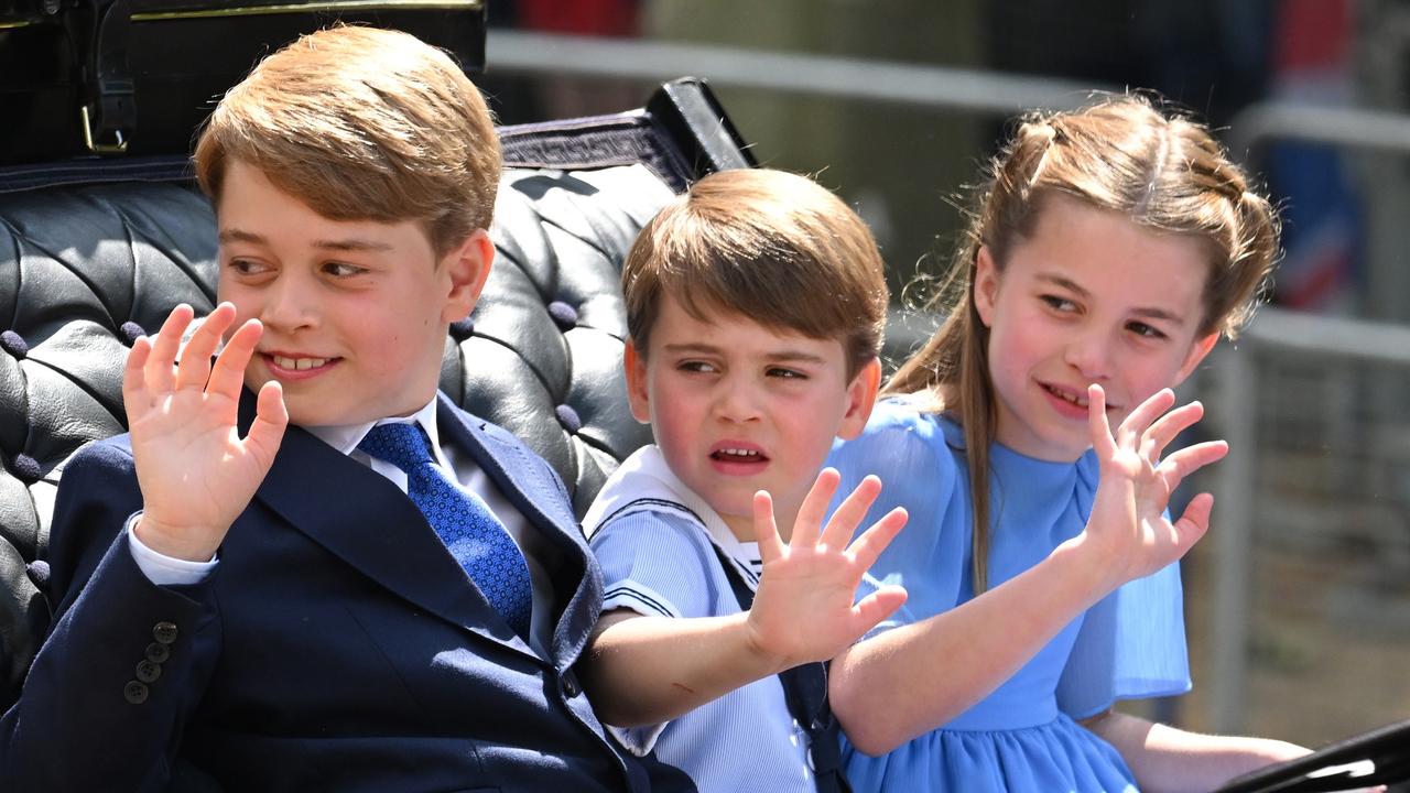 Prince George (left), Prince Louis and Princess Charlotte in the carriage procession at Trooping the Colour during Queen Elizabeth II Platinum Jubilee in 2022. Picture: Karwai Tang/WireImage