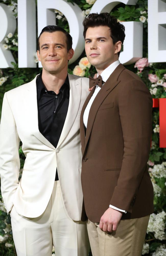 Luke Thompson, left, and Luke Newton attend the Bridgerton 2 world premiere at the Tate Modern in London, England. Picture: Getty Images