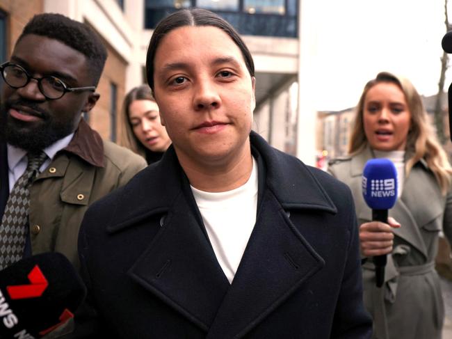 KINGSTON UPON THAMES, ENGLAND - JANUARY 14: Australian football star Sam Kerr departs Kingston Crown Court after a pre-trial hearing on January 14, 2025 in Kingston upon Thames, England. The Matildas star, who also plays professionally for Chelsea in the Women's Super League, is facing charges of "racially aggravated harassment" of a police officer related to an incident in Twickenham on January 30, 2023. The long delayed trial is scheduled to start next month. (Photo by Dan Kitwood/Getty Images)