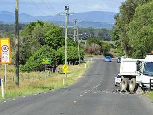 FATAL CRASH: A man died in this crash involving a car and truck on the Haigslea Malabar Rd yesterday afternoon. Picture: Rob Williams