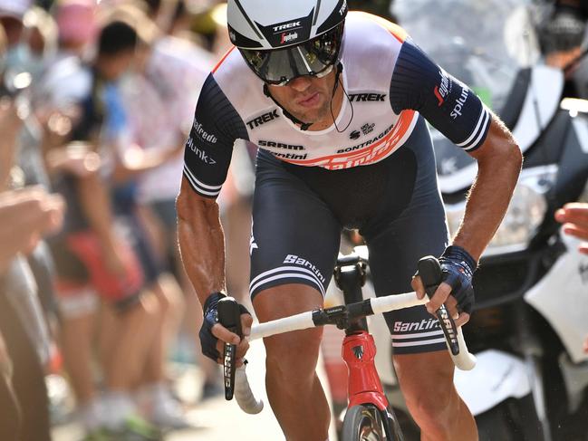 TOPSHOT - Team Trek rider Australia's Richie Porte competes during the 20th stage of the 107th edition of the Tour de France cycling race, a time trial of 36 km between Lure and La Planche des Belles Filles, on September 19, 2020. (Photo by Anne-Christine POUJOULAT / AFP)