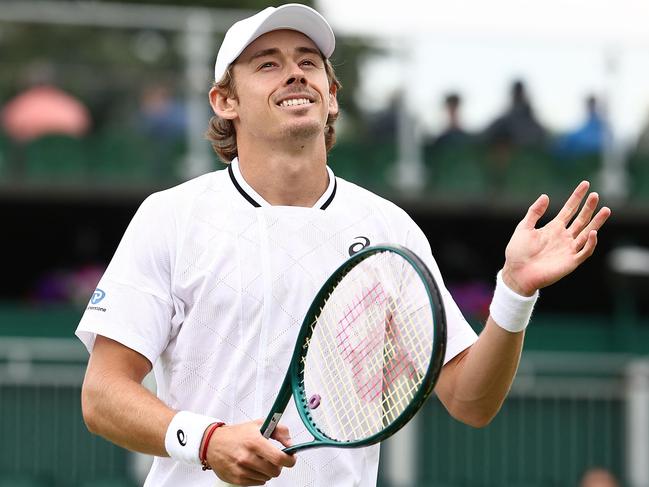 Alex De Minaur celebrates winning against compatriot James Duckworth. Picture: AFP