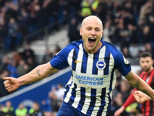 Brighton's Dutch midfielder Aaron Mooy celebrates scoring his team's second goal during the English Premier League football match between Brighton and Bournemouth at the American Express Community Stadium in Brighton, southern England on December 28, 2019. (Photo by Glyn KIRK / AFP) / RESTRICTED TO EDITORIAL USE. No use with unauthorized audio, video, data, fixture lists, club/league logos or 'live' services. Online in-match use limited to 120 images. An additional 40 images may be used in extra time. No video emulation. Social media in-match use limited to 120 images. An additional 40 images may be used in extra time. No use in betting publications, games or single club/league/player publications. /