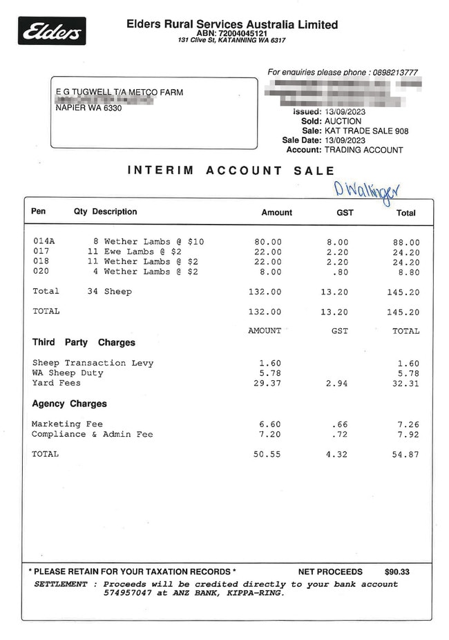 The receipt for Albany farmer Mick Tugwell’s sale.