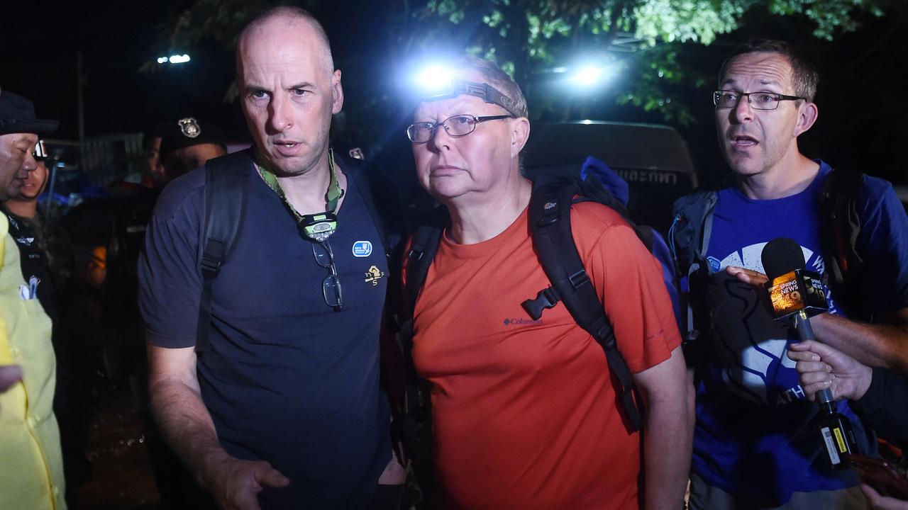 The three expert British cave-divers, Richard William Stanton, Robert Charles Harper and John Volanthen at the cave site. Picture: Lillian Suwanrumpha