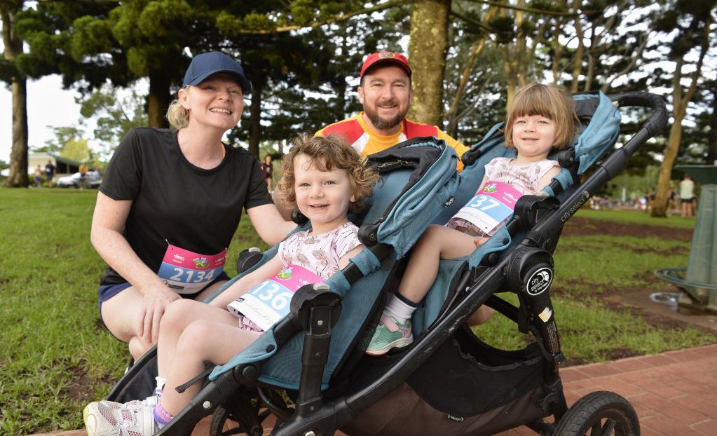 Keeping fit as a family are Renata and Brendan McDonald with daughters Orla (left) and Lotte at Peak2Park 2018, Sunday, March 4, 2018. Picture: Kevin Farmer