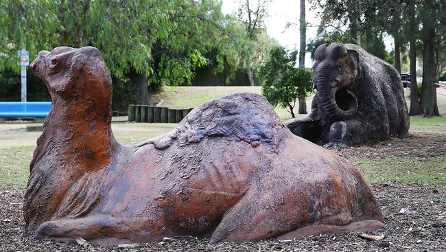 A camel and an elephant sculpture in Sir Joseph Park, Botany. Picture: Danny Aarons