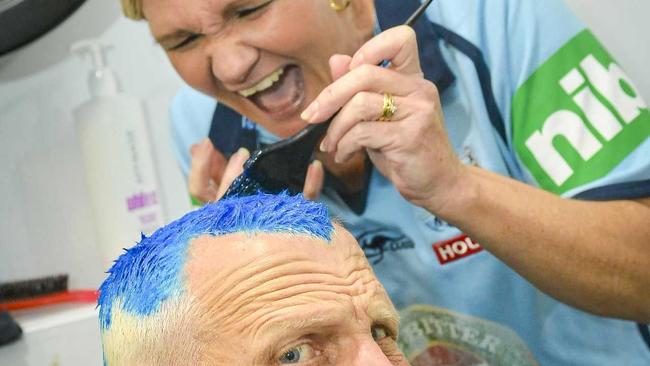 Queensland state of origin legend and Tannum Sands resident, Gary Larson has dyed his hair blue following New South Wales' state of origin win, after losing a bet with longtime friend Lisa Emmert. Picture: Matt Taylor GLA290618GARY