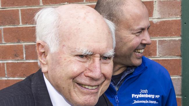 17/05/22 Former prime minister John Howard campaigning with treasurer Josh Frydenberg in the federal seat of Kooyong. Aaron Francis / The Australian