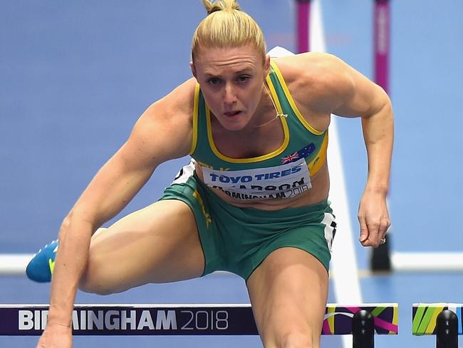 BIRMINGHAM, ENGLAND - MARCH 03: Sally Pearson of Australia competes in the Women's 60m Hurdles Semi Final during Day Three of the IAAF World Indoor Championships at Arena Birmingham on March 3, 2018 in Birmingham, England.  (Photo by Tony Marshall/Getty Images)