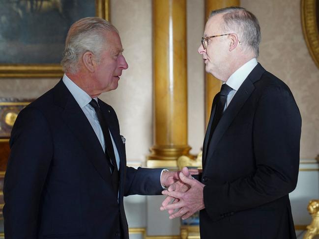 King Charles speaks to Anthony Albanese in the 1844 Room at Buckingham Palace at the weekend. Picture: AFP