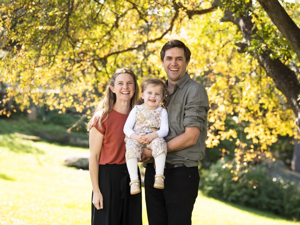 Ellie Martin, 3, with parents Kylie and Andrew Martin, returned to Sydney after relocating to Melbourne where she had a heart transplant. Picture: Cassandra Hannagan