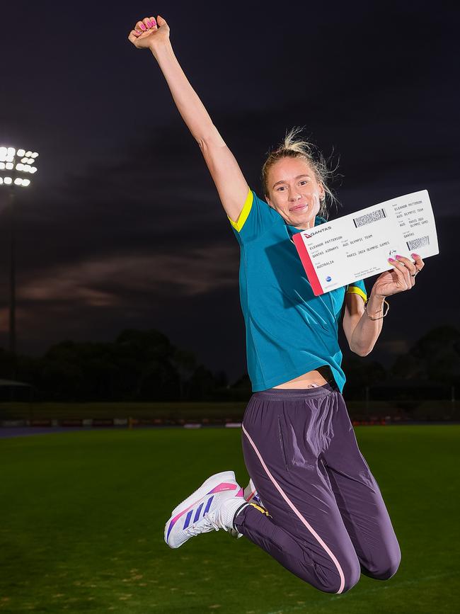 Eleanor Patterson with her ticket to Paris during the Australian 2024 Paris Olympic Games Athletics Squad Announcement at SA Athletics Stadium on April 14, 2024 in Adelaide, Australia. Picture: Sarah Reed