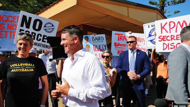 NSW Premier Mike Baird faced some protesters at the launch. Picture: Braden Fastier