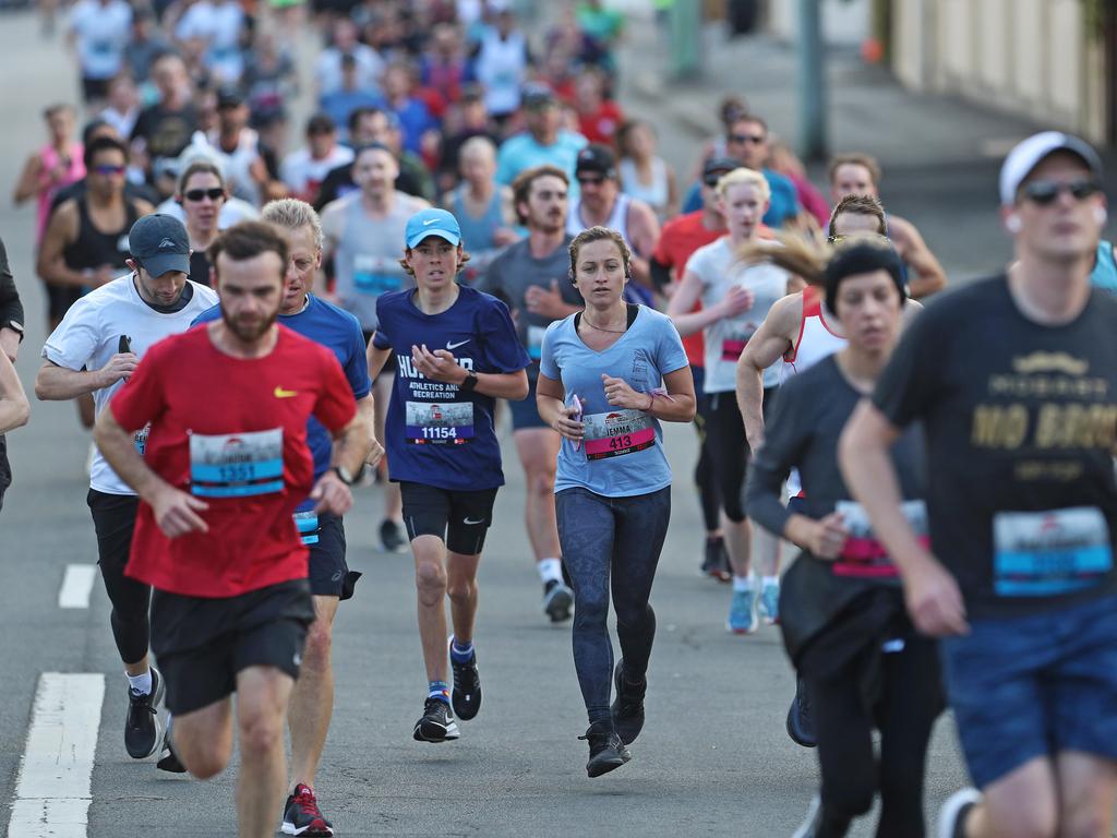 Runners make their way up Davey Street during the 2019 Point to Pinnacle. Picture: LUKE BOWDEN