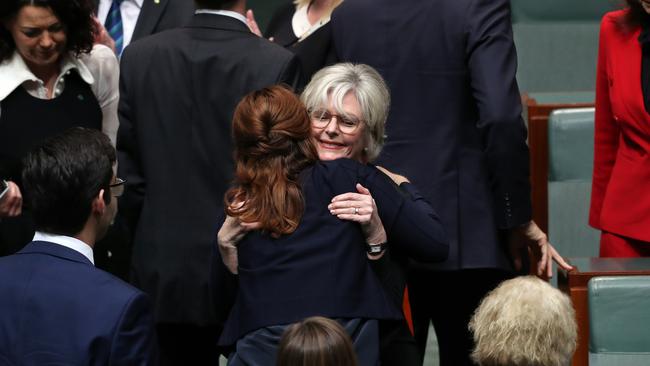 Helen Haines is congratulated after delivering her maiden speech as member for Indi today. Picture: Gary Ramage