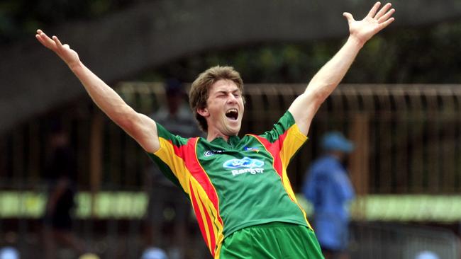 Brendan Drew celebrates a wicket for Tasmania back in his first-class cricket days.