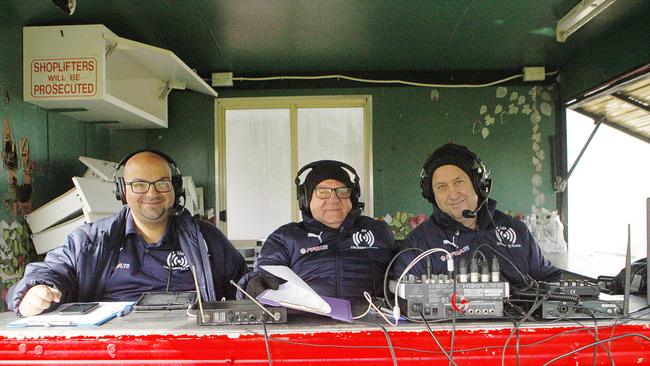 Rob Pepicelli (far right), Tony La Scala (centre) and Paul Bombedieri broadcasting from Polonia Reserve last weekend. Picture: Joe Janko