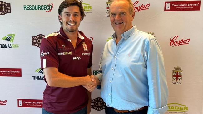 Former Adelaide Crows player Ned McHenry with Prince Alfred Old Collegians football director Jim Parkinson after signing with the club as player/coach for 2025. Picture: Prince Alfred Old Collegians