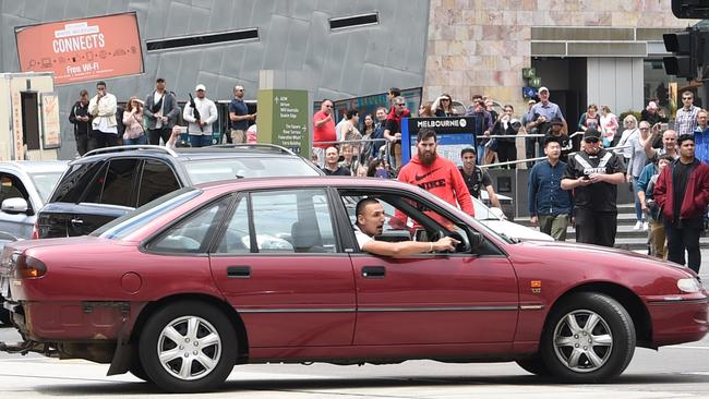 A car allegedly driven by Mr Gargasoulas at the corner of Swanston and Flinders St prior to the Bourke St incident. Picture: Tony Gough