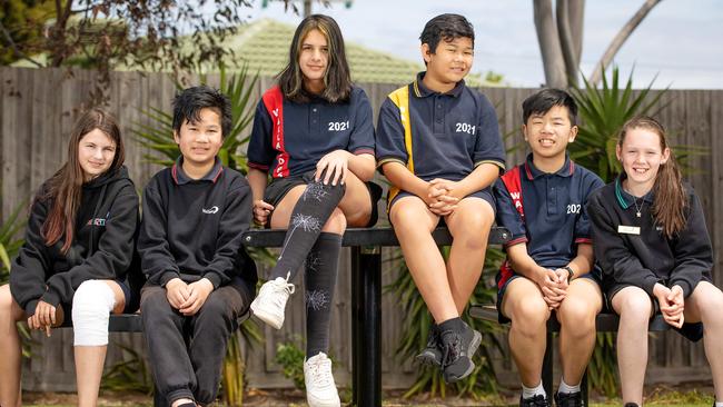 Wallarano Primary School students Eleni, Rotanak, Jordana, Kevin, Lucas and Page will turn 18 when Melbourne becomes our biggest city. Picture: Mark Stewart