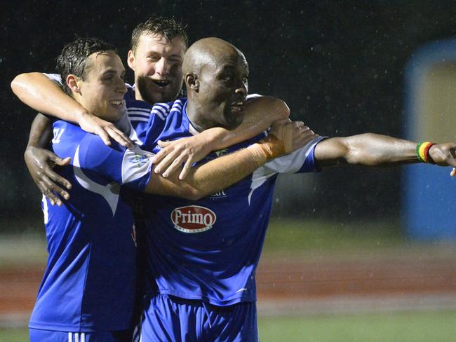 Lloyd Owusu celebrates his goal against Northern Tigers.